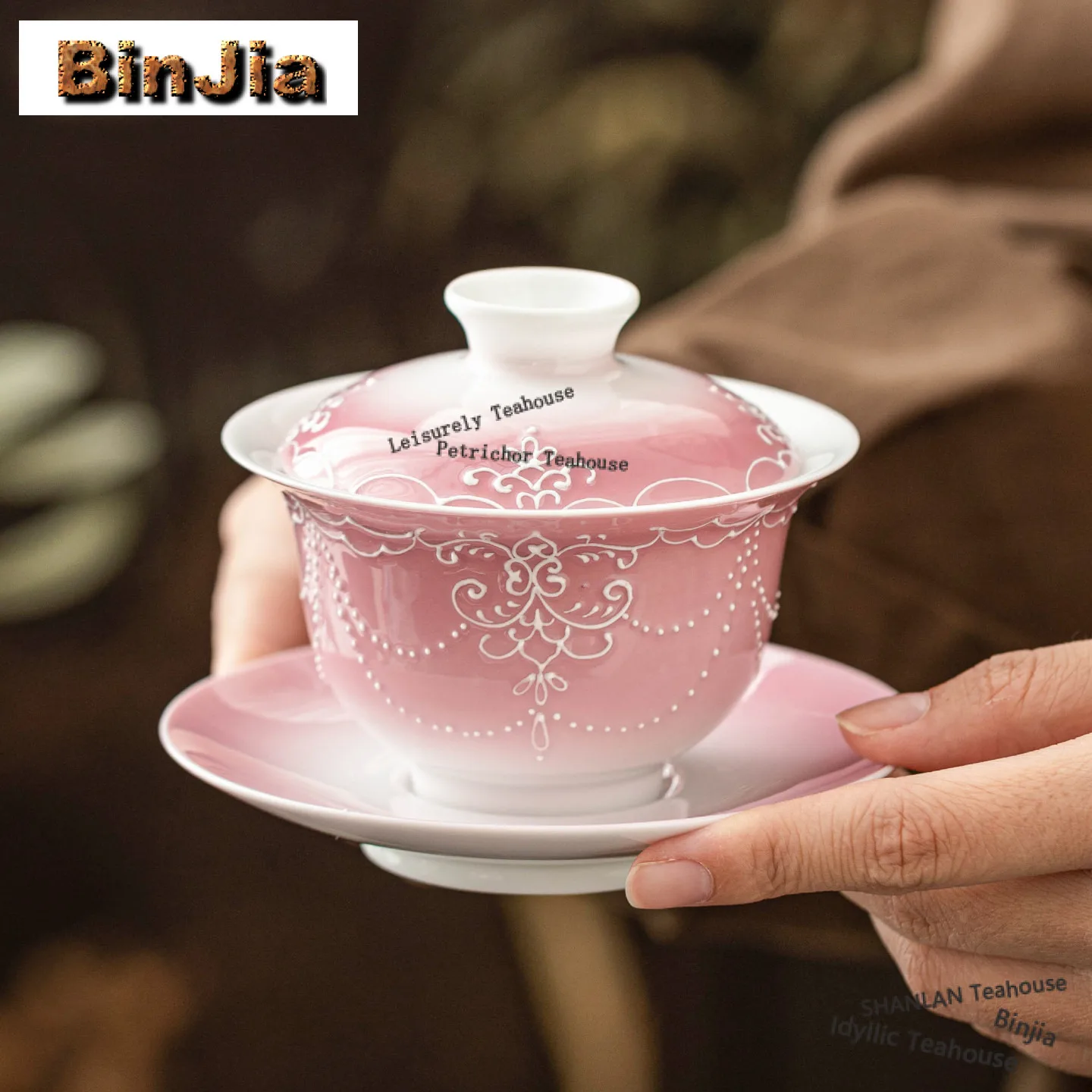 

126ml Gradient Pink Sancai Gaiwan Hand-painted Beaded Curtain Tea Tureen Tea Bowl With Lid Kit Tea Maker Cover Bowl Cha Gifts
