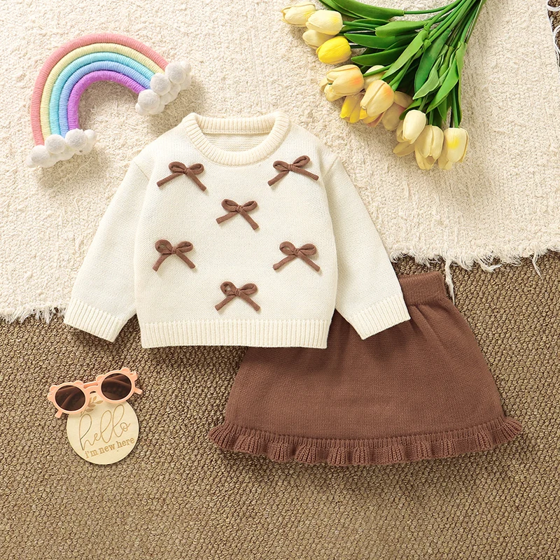 Baby Clothes Sets Knit Newborn Sweater Long Sleeve +Dress Autumn Infant Kid Pullover Cute Bows +Skirt Fashion Solid Ruffles 2PCS