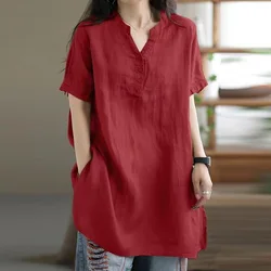 Summer New Korean Edition Minimalist Fashion Versatile Mid Length Short Sleeved Solid V-neck Button Patched Women's T-shirt Top