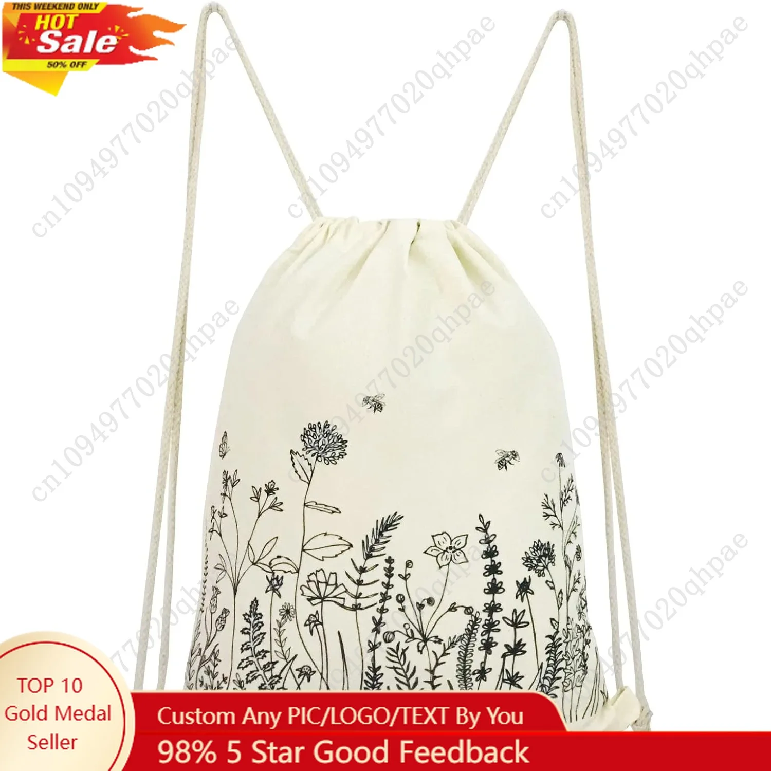 

Small Flower Drawstring Backpack Cute Floral Drawstring Bag Wildflower Cotton Canvas Backpack for Women Girls Gift Sport Gym Dra