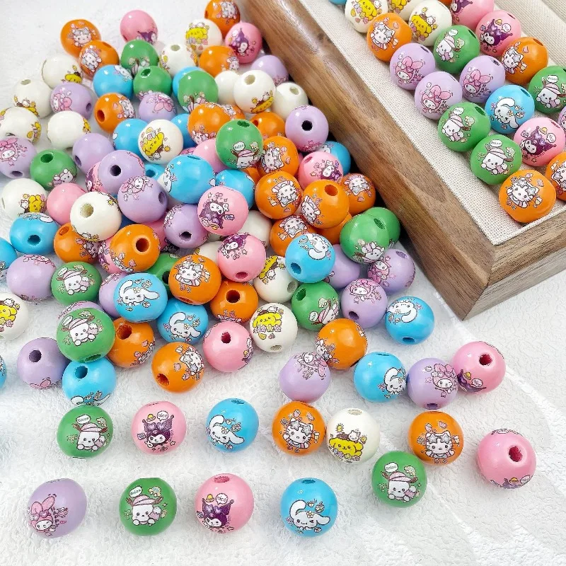 

16mm Cartoon Wooden Beads Hello Kitty Printed Bag Hanging Accessories Keychain DIY Mobile Phone Chain Loose Bead Jewelry