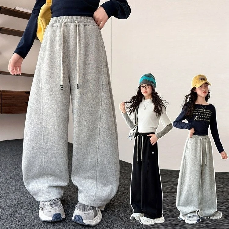 New Autumn Girls Sports Banana Curved Pants Kids Sporty Casual Trousers Trackpants Children Spring Cotton Knitted Sweatpants