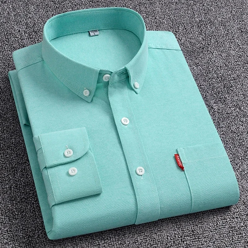 Men\'s Oxford Long Sleeve Shirts 100% Cotton Solid Color Casual Turn Down Collar Regular Fit Daily Men Clothing Shirts For Man
