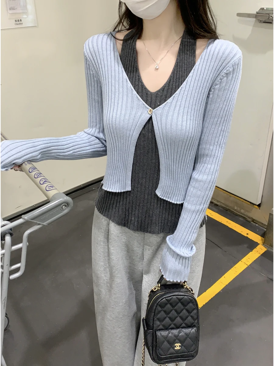 

Корейский вязаный свитер с v-образным вырезом, женская внутренняя одежда, подвесной искусственный двухсекционный утягивающий свитер, модное осенне-зимнее новое поступление