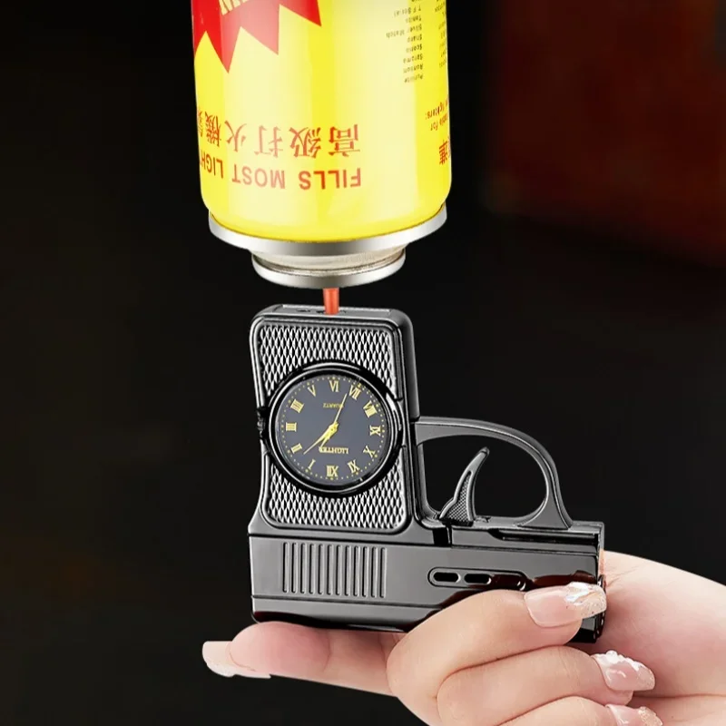 HOT Creative Gun Type True Watch Windproof Jet Blue Flame Butane Gas Torch Lighter Outdoor Funny Portable Cigar Lighters Smoking