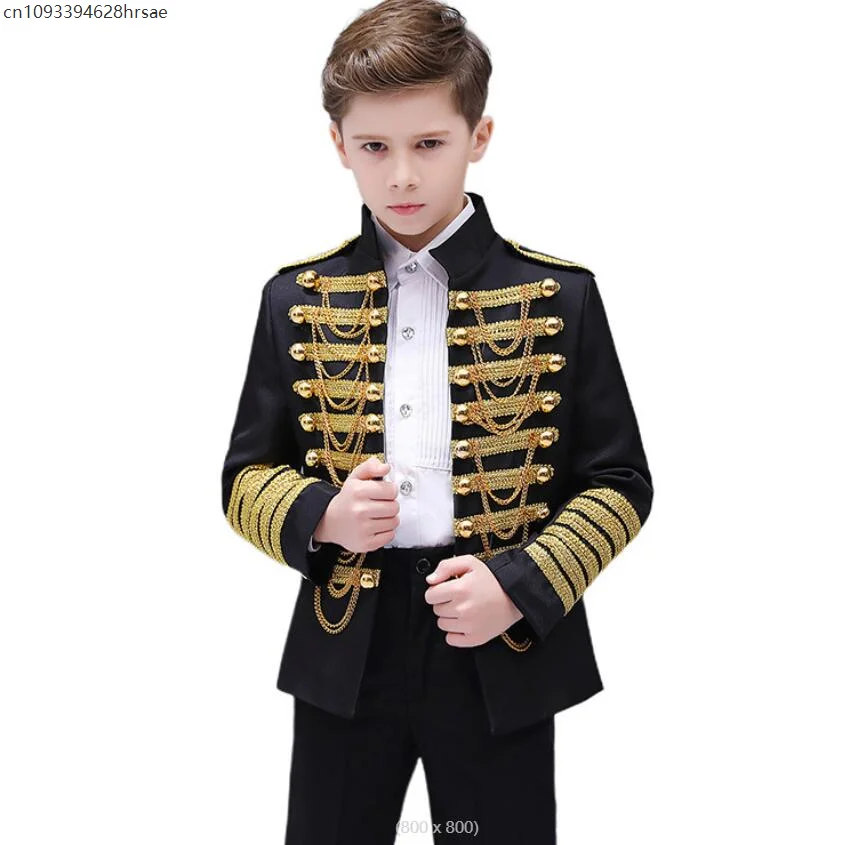 

Kids Marching Band Costume Military Tassel Chains Jacket Steampunk Prince Coat Pop Stage Dacing Costume Officer Cosplay