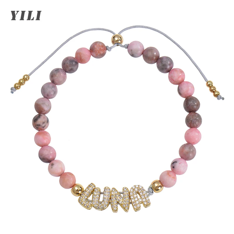 Personalized Sparkling Zircon 3D Bubble Letter Bracelet Natural Stone Beads Bracelet Custom Balloon Name Bracelets for Women