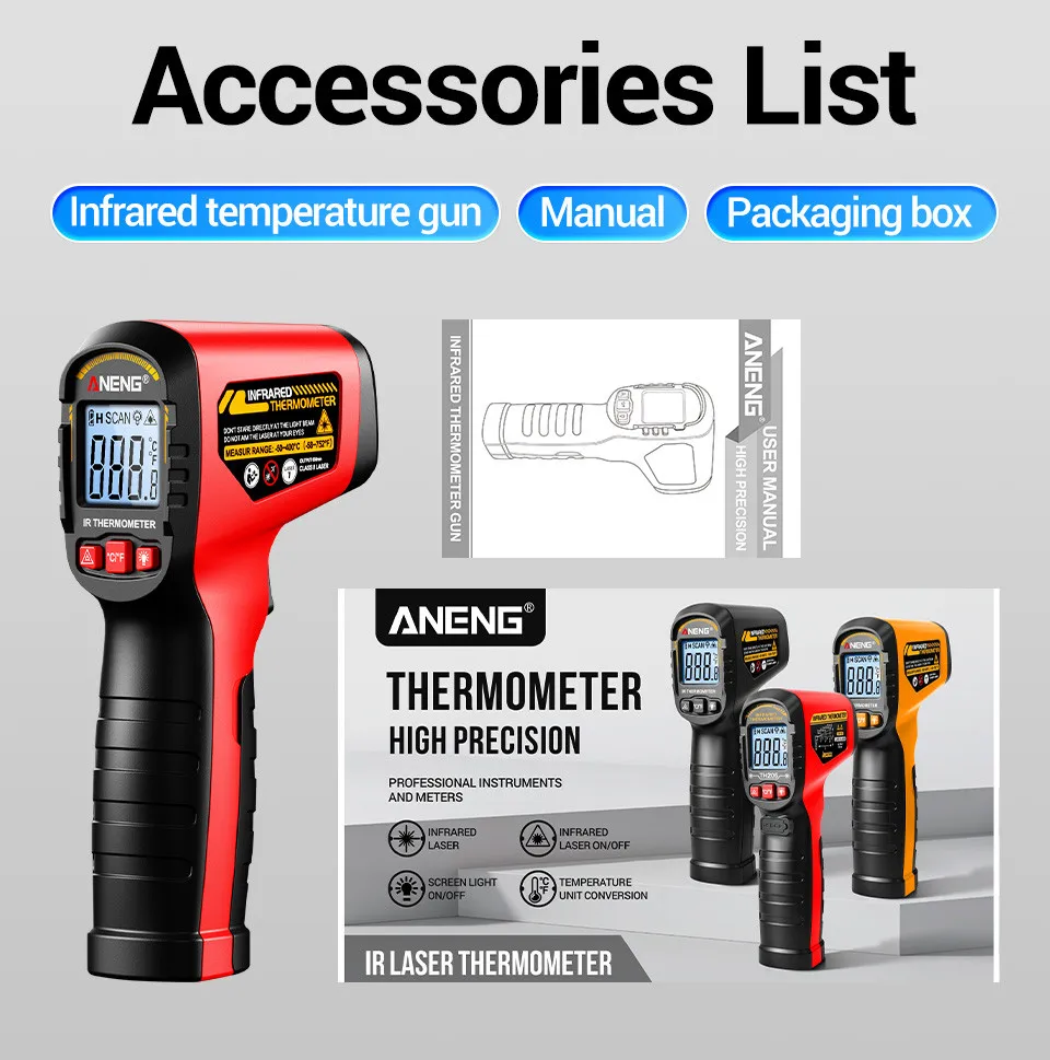 ANENG TH204 Infrarot-Thermometer Handgehaltene Temperaturmesspistole Berührungsloser Laser-Wärmetester -50-400 ° C für Industrie, Haushalt, Automobil – Detail 14