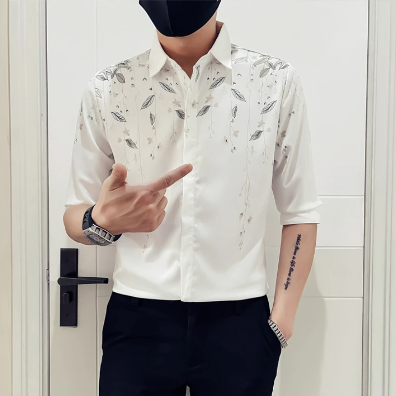 

2024 Summer Fashion Printed Shirts Men Slim Fit Half Sleeve Casual Shirt Social Streetwear Nightclub Party Tuxedo Blouse