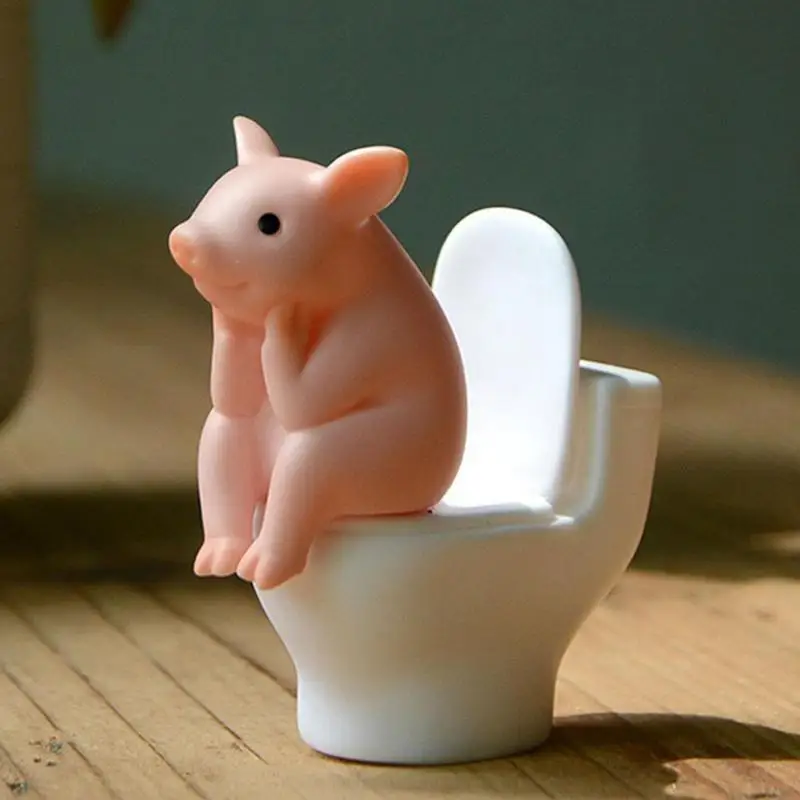 Cartoon Pig Desktop Ornaments Pig Sitting On Toilet Piggy Figurine Miniature Animal Creative Toy Kids Gift Desktop Decoration