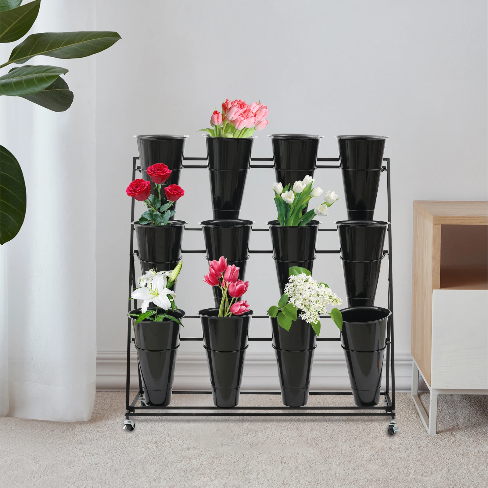 Flower Display Stand 12 x Buckets 3 Layers Metal Plant Stand w/ Wheels Black NEW