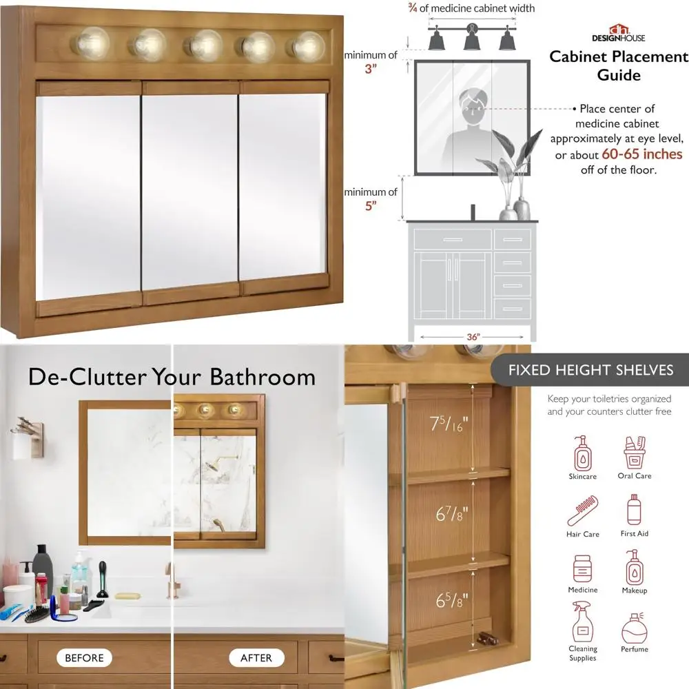 Richland Design House Wall-Mounted Oak Medicine Cabinet with 3 Mirrored Doors and 5 Lights