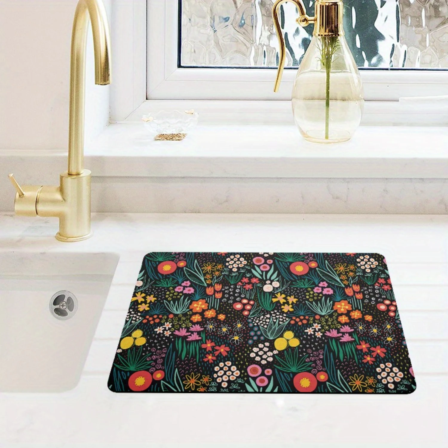 Dish Drying Pad, Floral Pattern Coffee Machine Countertop Absorbent Pad, Washstand Drain Mat, Soft Faucet Absorbent Mat, Washsta