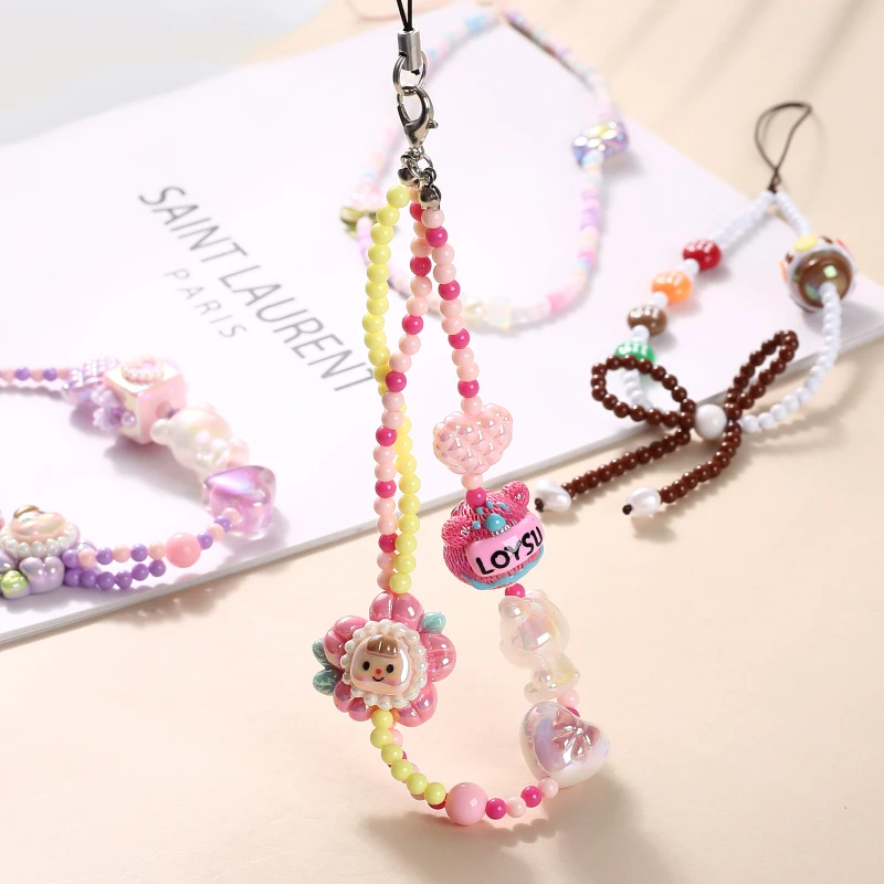 Sweet Acrylic Mobile Phone Chain Cartoon Flower Heart Bow Beaded Cellphone Strap For Women Girls Anti-Lost Phone Chain Jewelry