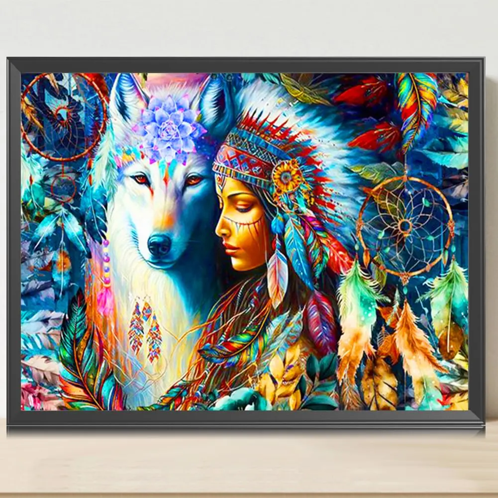 Indian And Wolf Diamond Painting Landscape Mosaic Embroidery Diamond Puzzle DIY Rhinestone Children\'s Room Decoration Gift