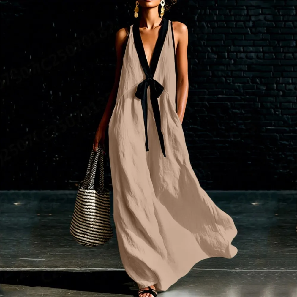 Women's Sexy Deep V-neck Sleeveless Bow Tie Lace-Up Loose Dress Summer Colorblock Boho Casual Beach Party Flowy Maxi Sundress