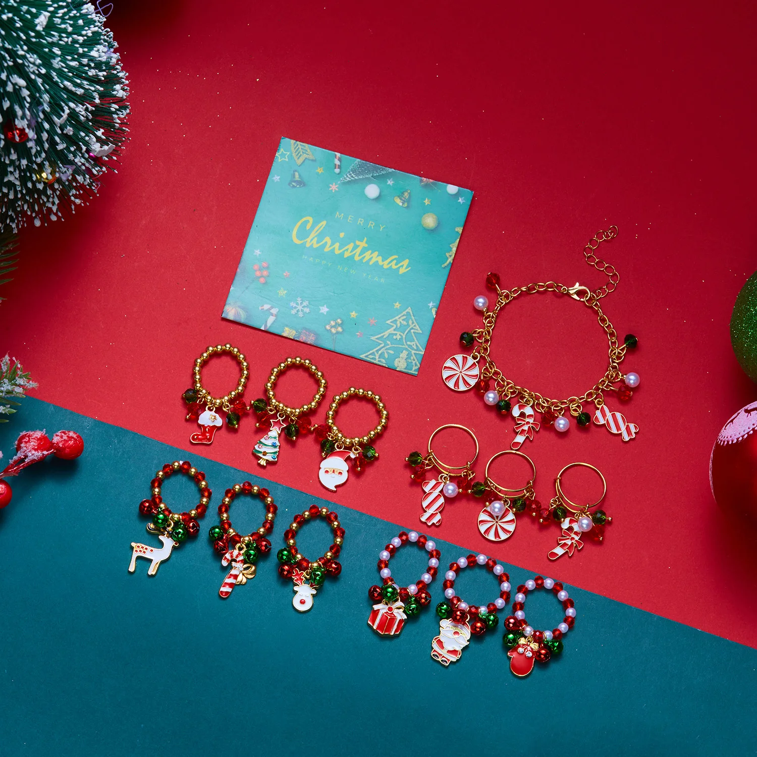 Christmas Charm Crystal Beaded Ring Set for Women Santa Claus Tree Stocking Dangle Rings Festive Adjustable Jewelry Gift