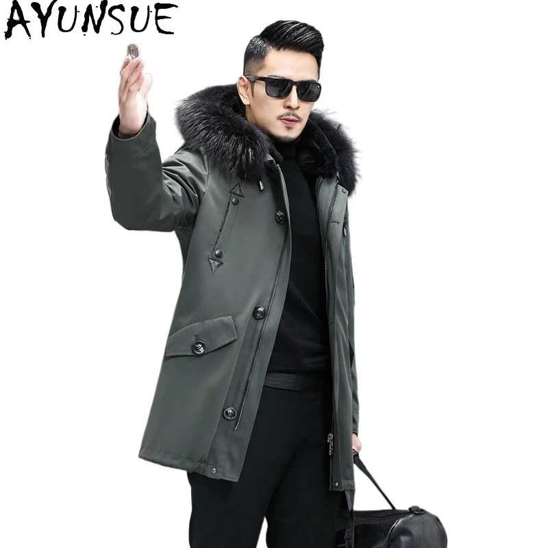 AYUNSUE New Real Fur Parkas Men Hooded Raccoon Collar Winter Detachable Rabbit Fur Liner Jacket Mid-length Natural Fur Coat Man