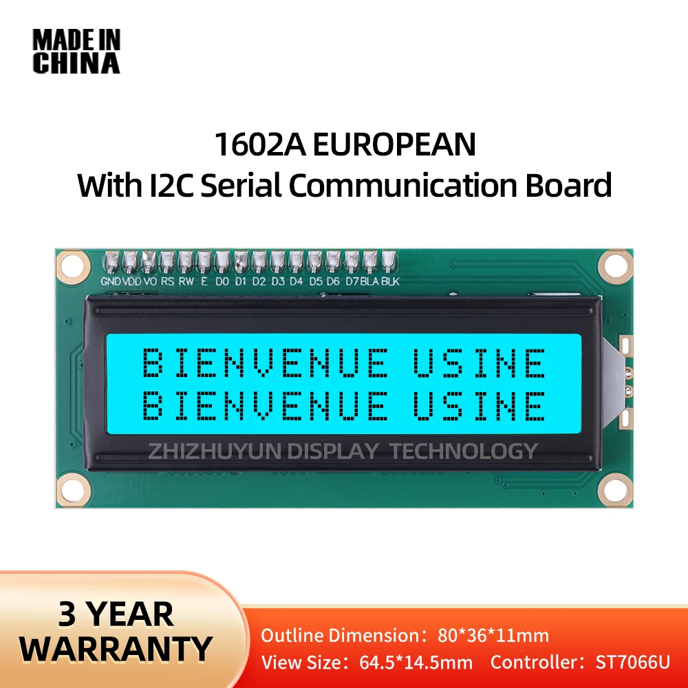 다국어 IIC 어댑터 보드, 유럽 문자 LCD 화면, 아이스 블루 16X2 도트 매트릭스 문자, 1602A, 64.5x14.5mm