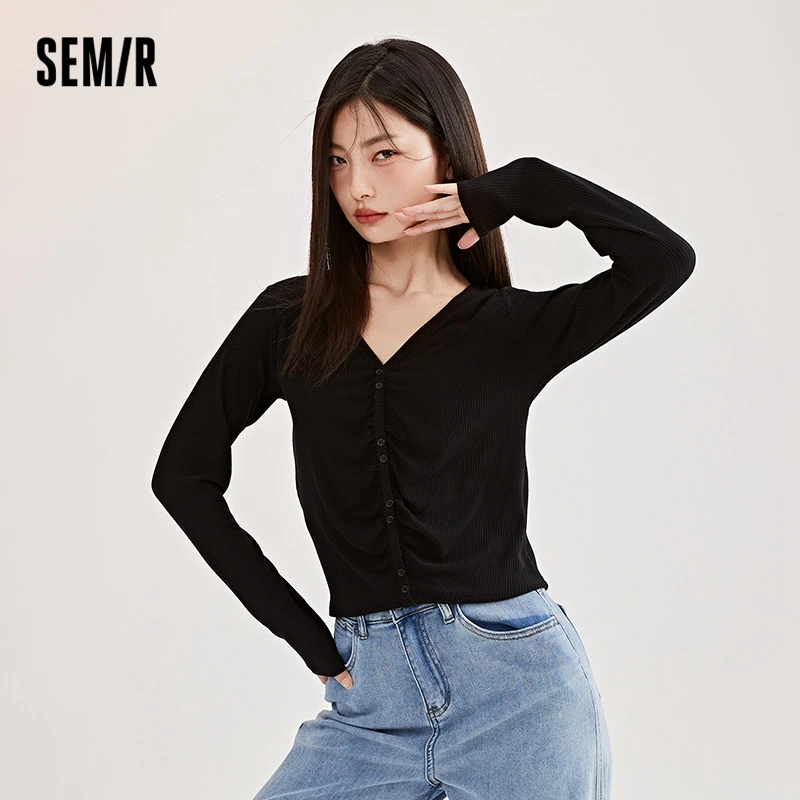 Semir Underwear Women Basic Solid Color Knitted Slim Bm Fashion French Short T Shirt Long Sleeve Top Spring For Woman