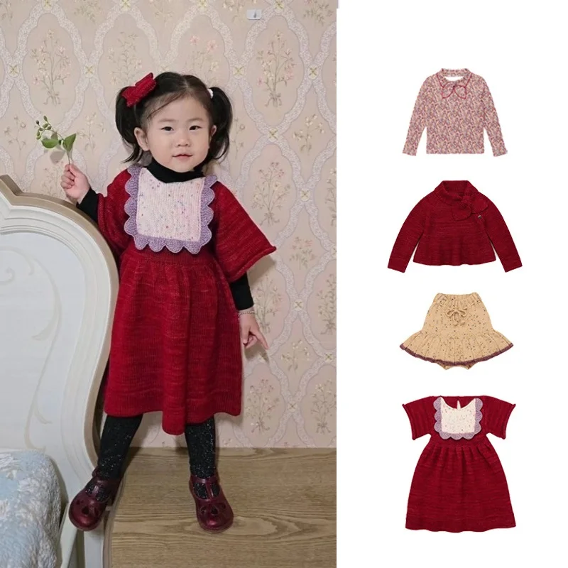 

Korean Kids Sweater Retro Pastoral Holiday Series Girls Dress Knitted Cardigan Half Skirts Baby Girls Set