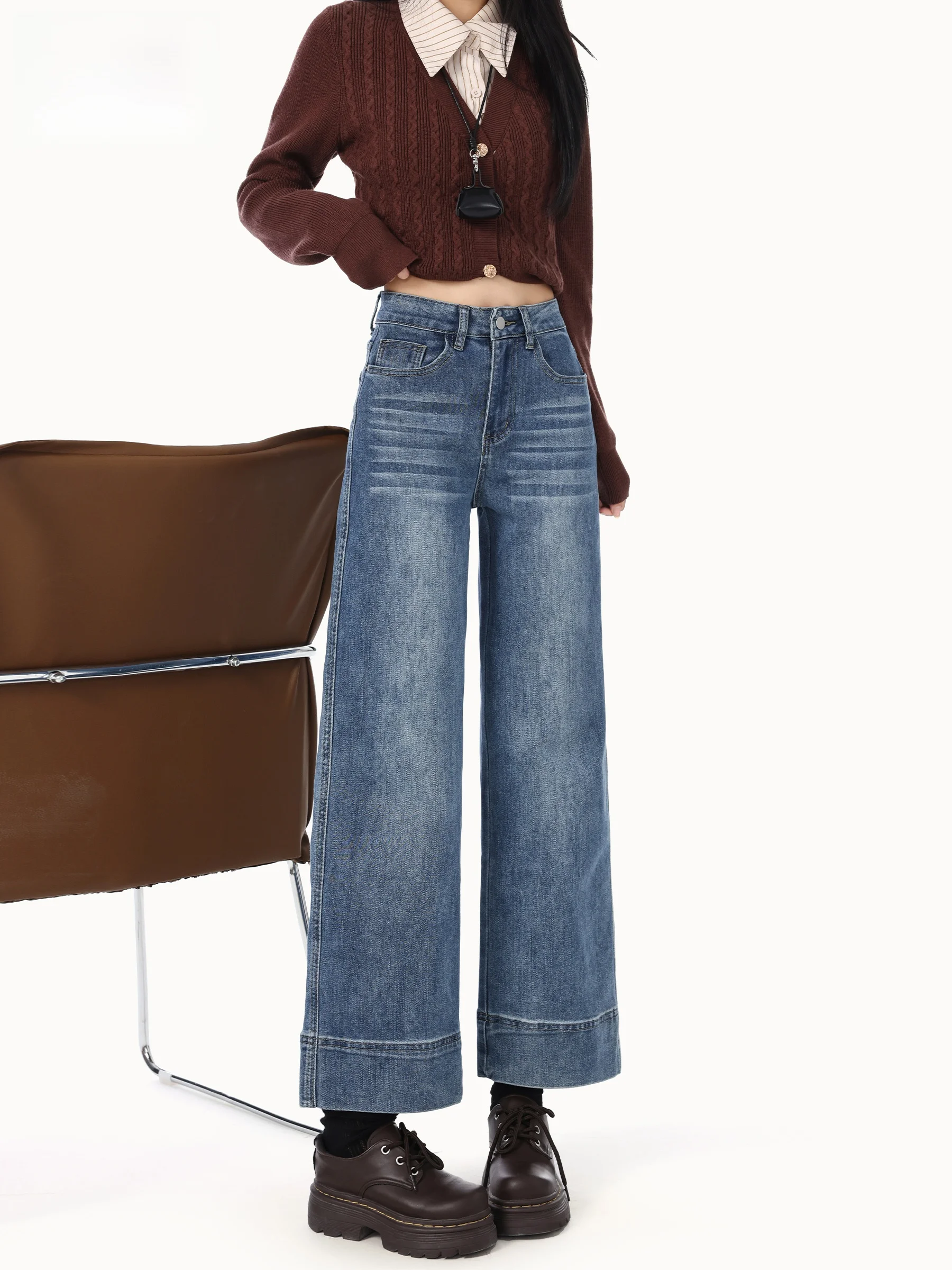 

American Style High Waist Straight Leg Denim Jeans Women's Autumn New Small Size Heightening Slimming Nine Point Smoke Tube P...