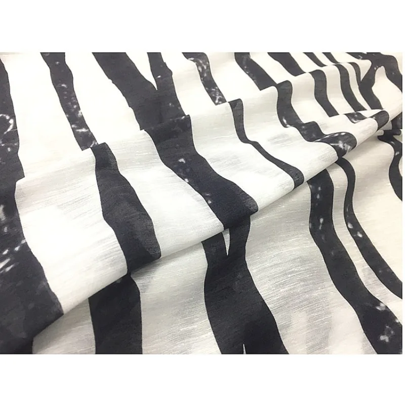

3Meter White Black Stripes Silk Linen Fabric MulberrySilk Clothing Production Textile Sewing