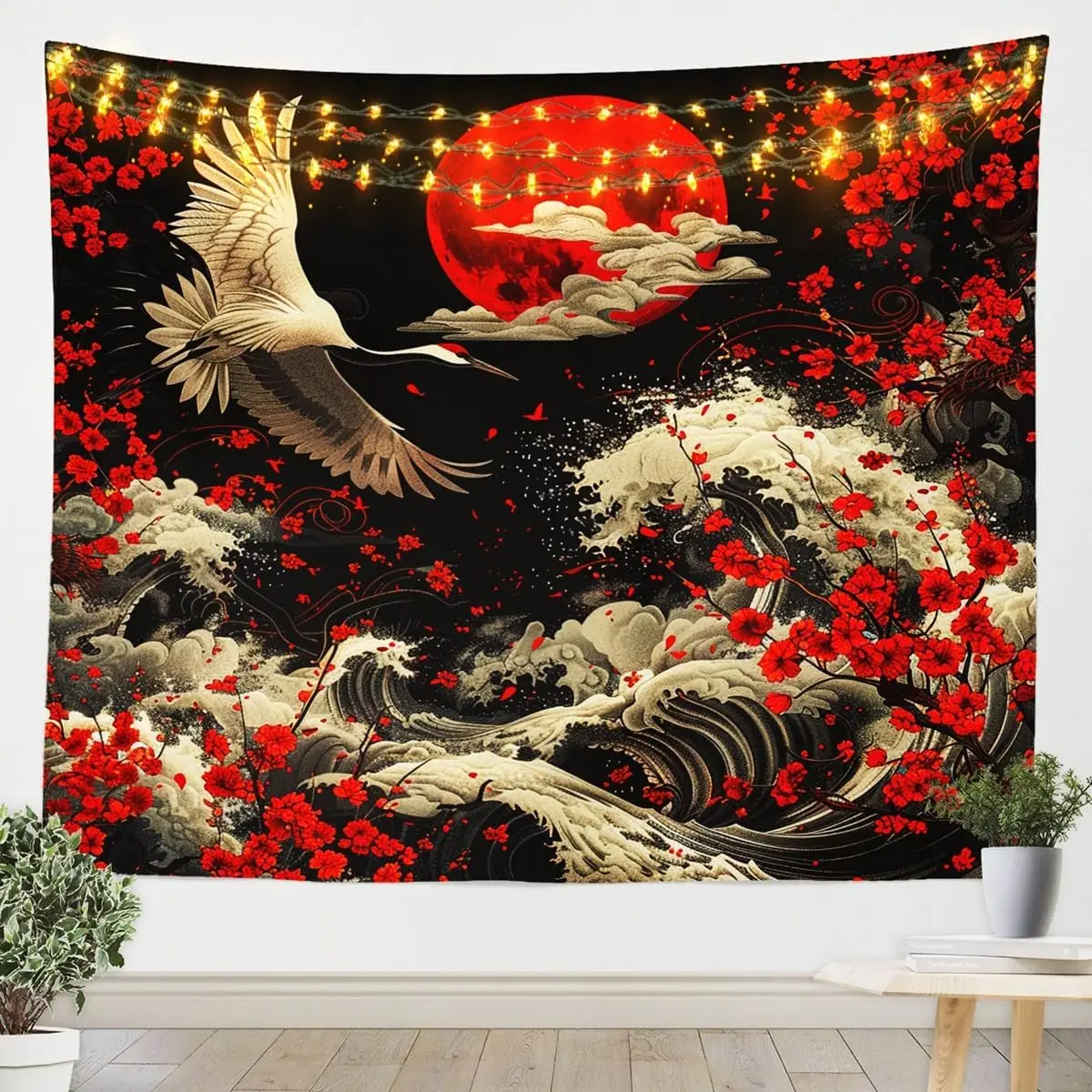 Vintage Japanese Art Wall Decor Retro Ukiyoe Tapestry for Bedroom Aesthetic,Chic Cherry Blossom Flower Tapestries Crane Wildlife