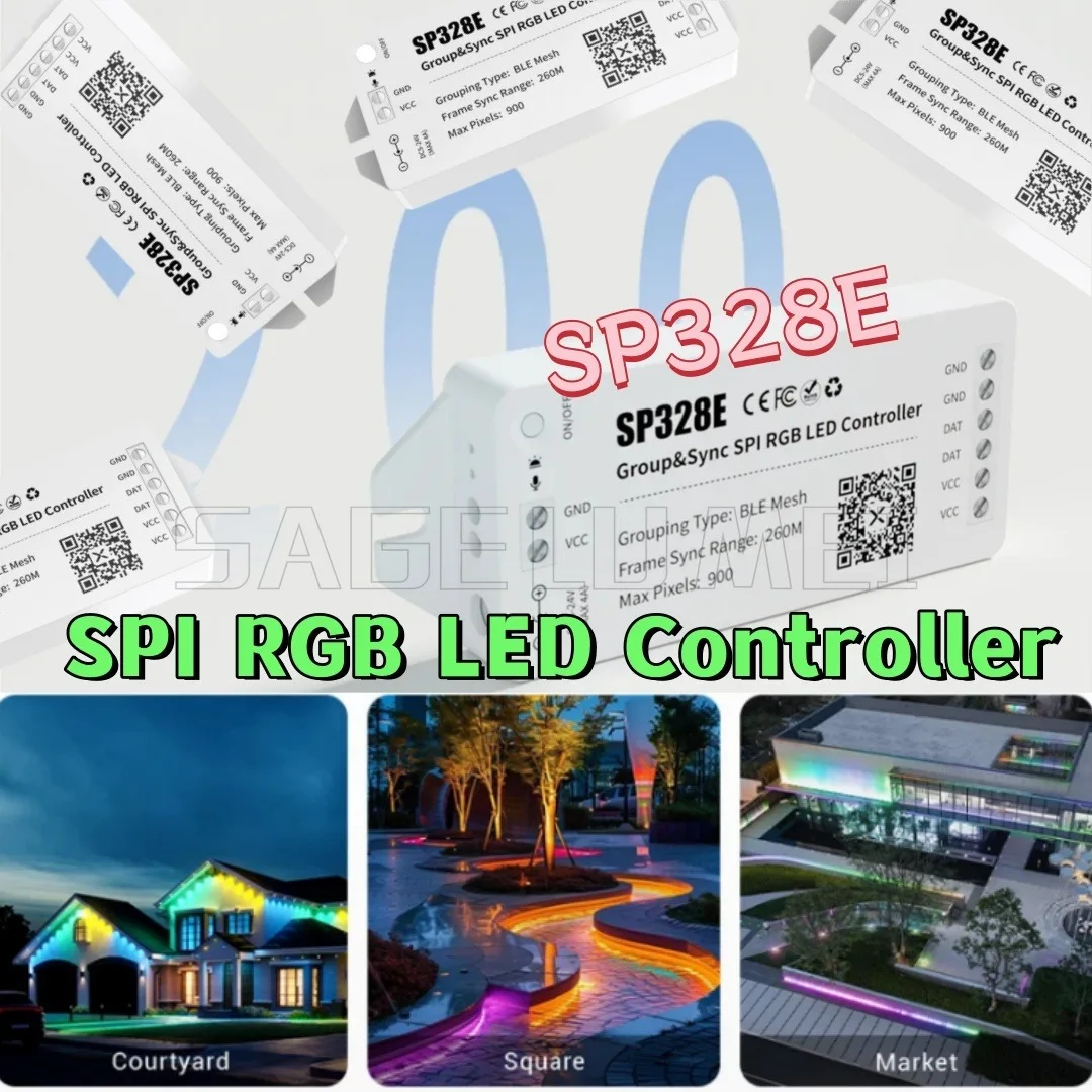 

Светодиодный контроллер Group&Sync SPI RGB SP328E на большие расстояния 260 м, диапазон синхронизации кадров, приложение для музыки, режим «сделай сам», светодиодная лента 5-24 В, 4 А/канал