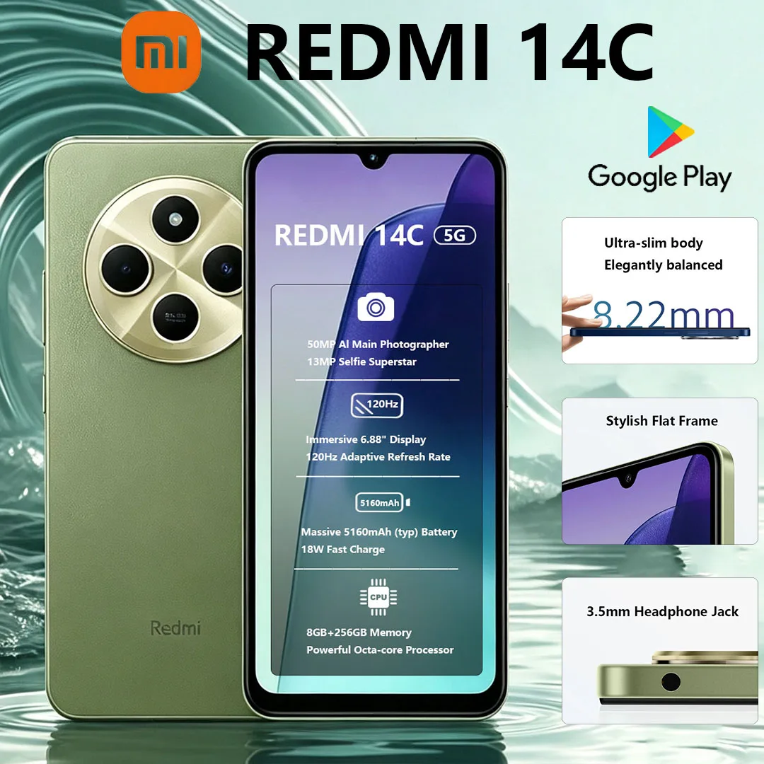 New Xiaomi Redmi 14C 5G Smartphone 6.88" Eye-protecting Screen 5160mAh Battery 18W Charging Global Version Dual-SIM Gaming Phone