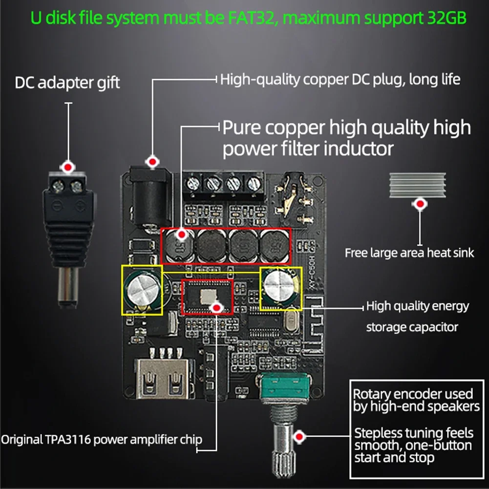 XY-C50H 50Wx2 Bluetooth 5.0 HiFi Wireless Audio Digital Power Amplifier Board TPA3116D2 Dual Channel Stereo Wireless Speaker