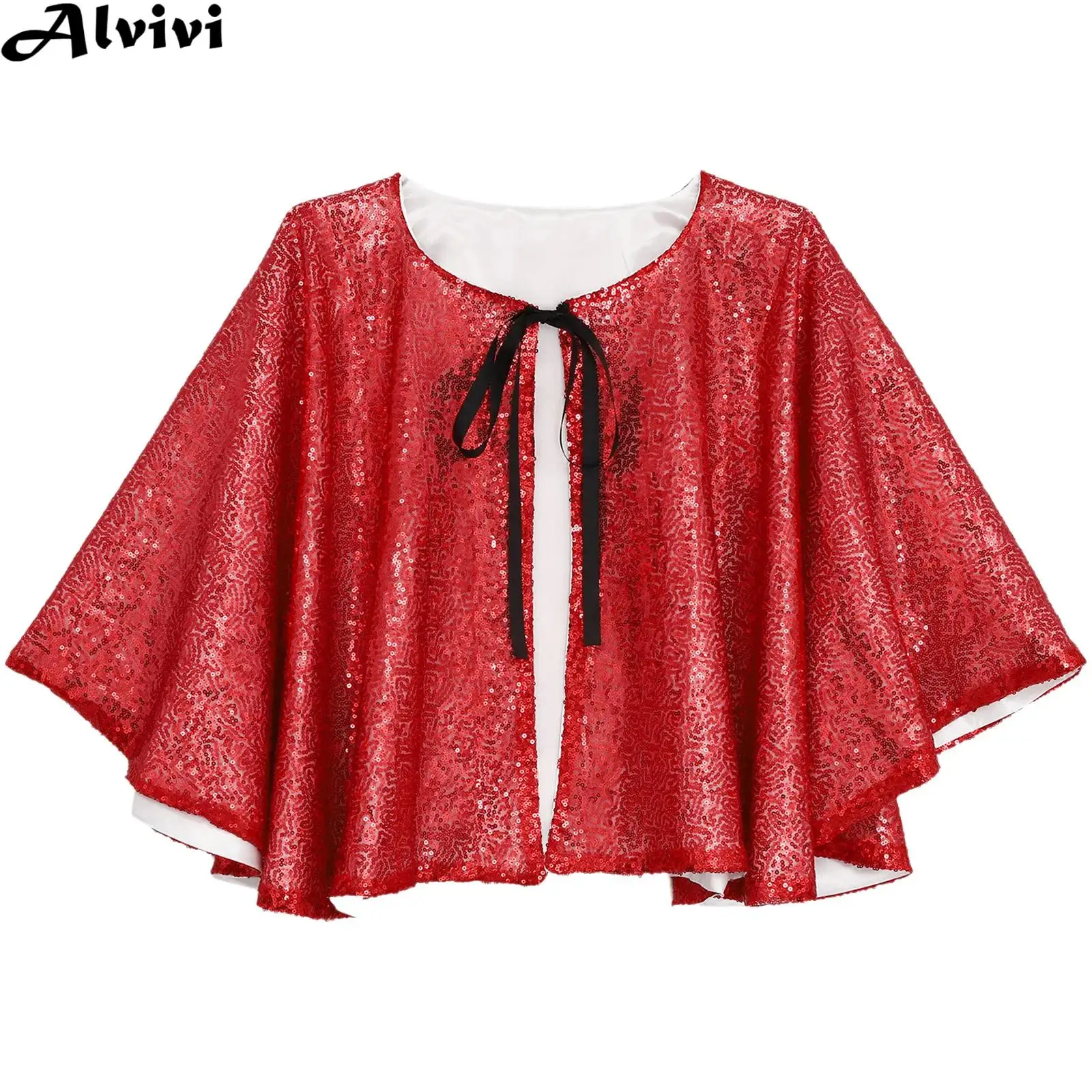 Women Shiny Sequin Tie-up Style Bolero Shawl Paillette Halloween Carnival Party Cosplay Cape Evening Dress Formal Shrug Cloak