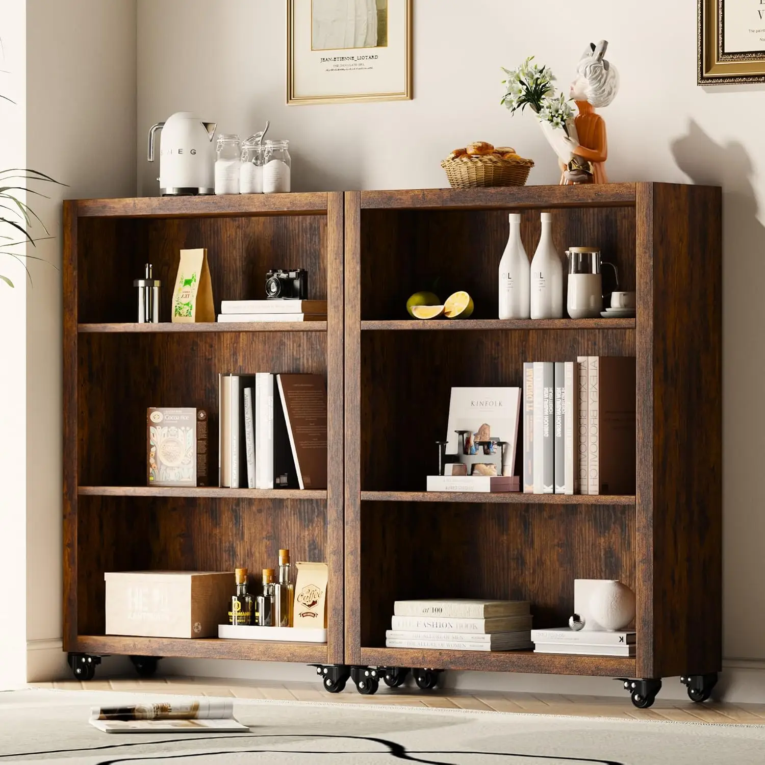 3-Tier Bookshelf with Wheels Book Storage Organizer Bookcase Floor Standing Fixed Shelves Adjustable Shelf Display Shelves