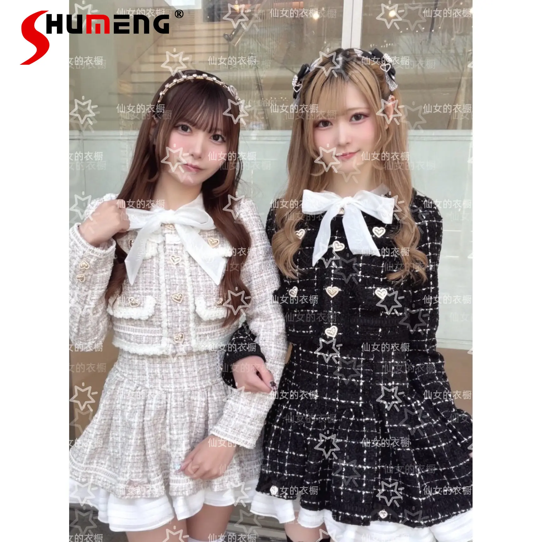 

Japanese Style Liz Lace-up Bow Heart Buckle Plaid Tweed Short Jacket High-waisted A-line Pleated Skirt Two-piece Set for Women