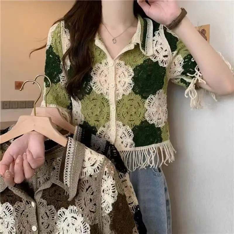 2024 New Summer Commuting Minimalist Fashion Versatile Knitted Blouses Collar Color Block Button Hollow Tassel Women\'s Shirt Top