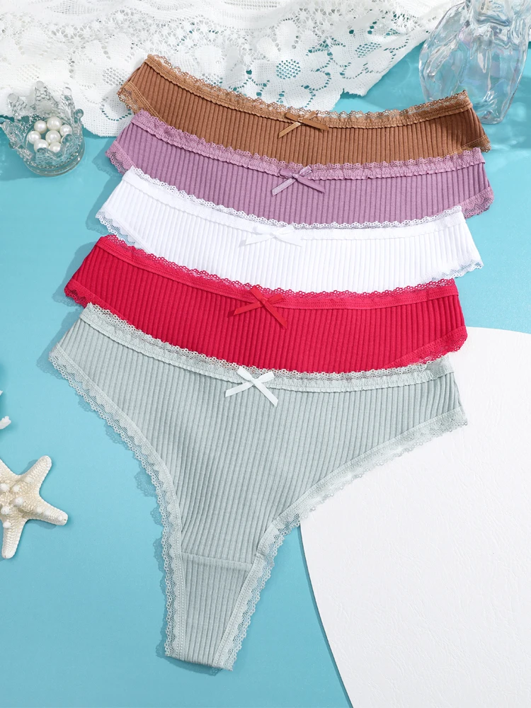 5pcs Cotton Lace Thongs Sexy Striped Underwear Women Breathable Solid Color Panties Female Low Waist G-String Stretchy Lingerie