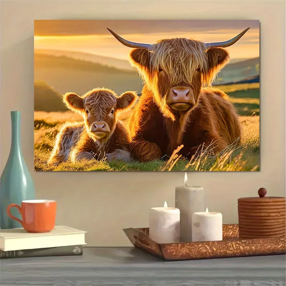 Multiple sizes 1pc frameless Canvas Painting,Scottish Highland Cow and Calf Sunset Landscape Poster and Prints Canvas Painting W