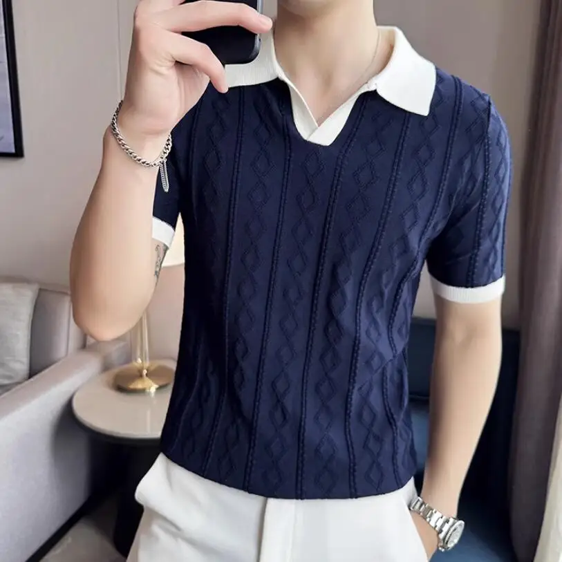 Men\'s Clothing Luxury Knit Polo Shirt Casual Striped Button Down Solid Color Short Sleeve T-Shirt for Men Breathable S-3XL