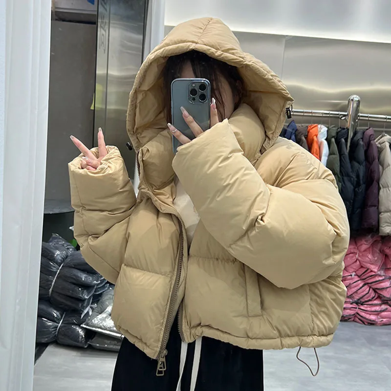 Winter frauen Kleidung Weiße Ente Unten Zipper Unten Jacke Warme Lose Mit Kapuze Stehkragen Mode Hohe Taille Kurze Outer