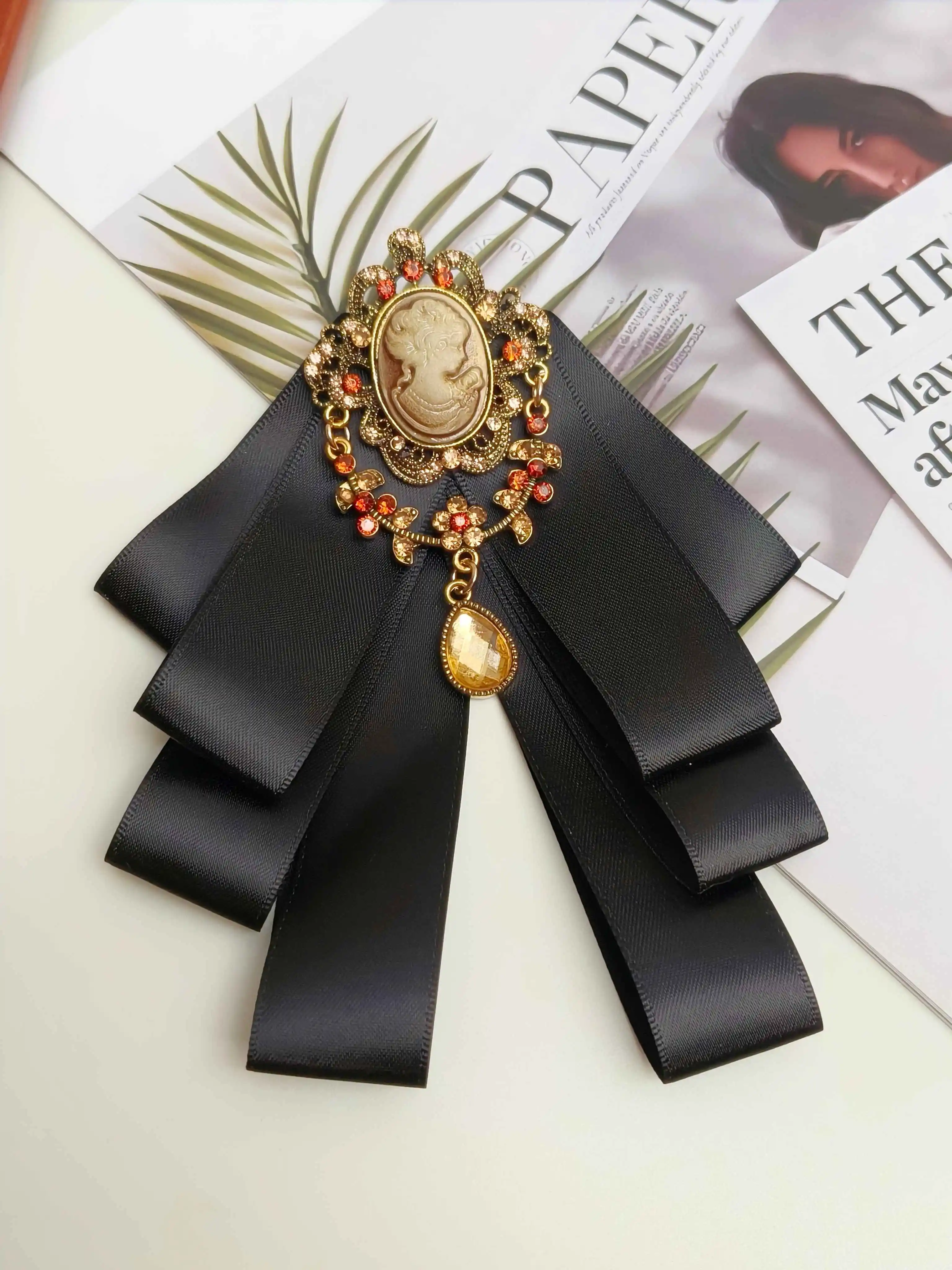 French Court-Style Retro Black Multi-Layered Satin Ribbon Bow Brooch, Embossed Portrait Brooch with Diamonds, Dress Collar Accessory