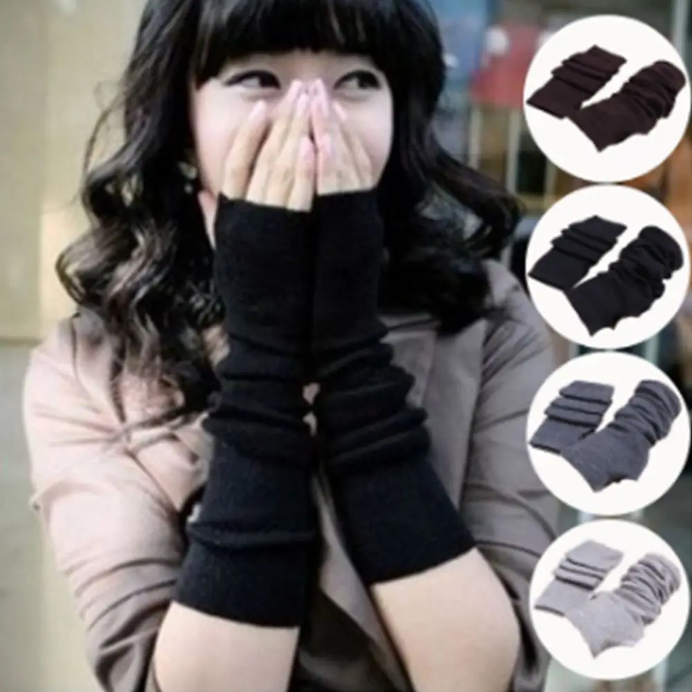 Black Stretchy Knit Female Trendy Fashion Warmers Mittens Unisex Long Arm Gloves Fingerless