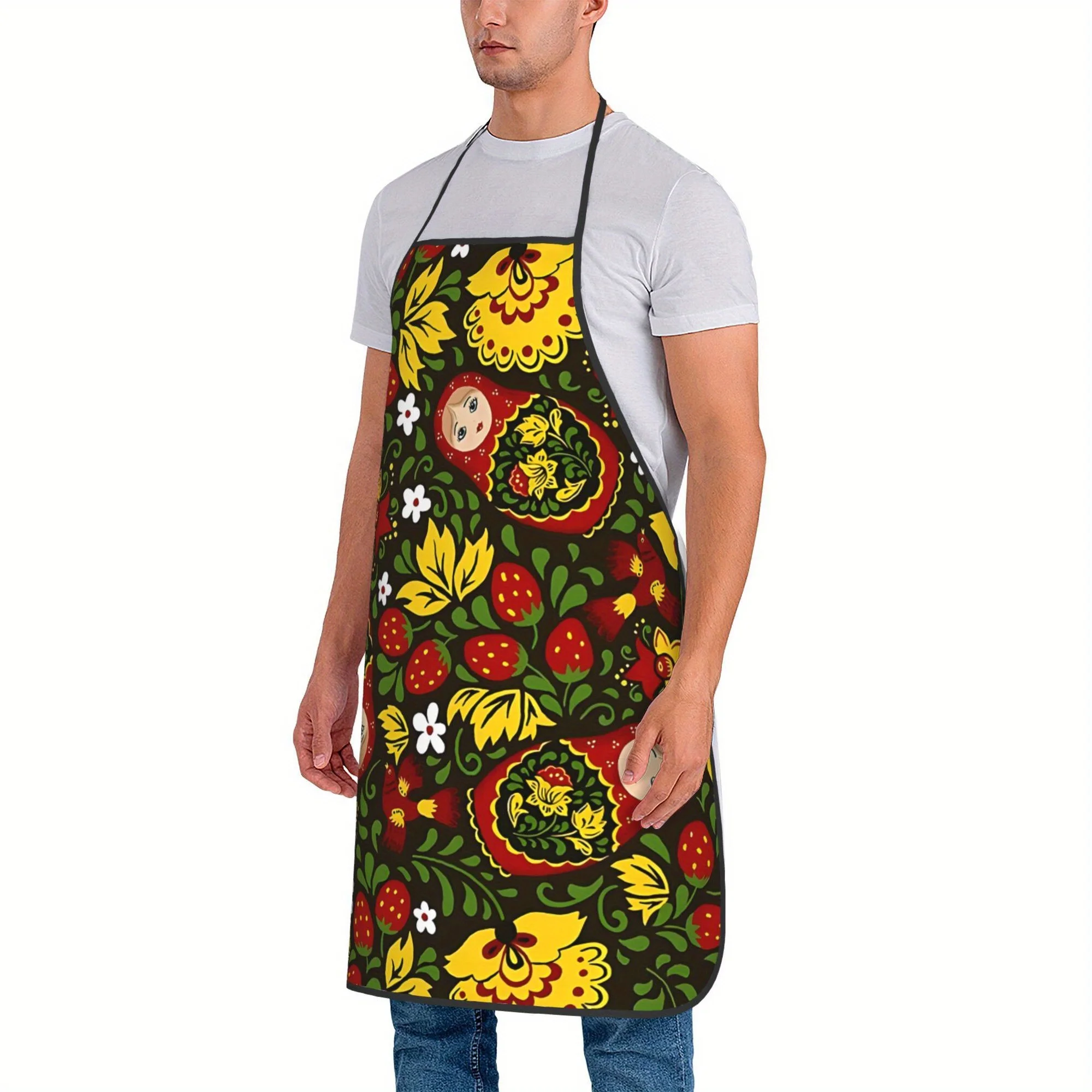 Retro Russian Doll Design Apron for Ladies, Made from 100% Polyester Fabric, Featuring a Pinafore with a Bit of Stretch, a Patte