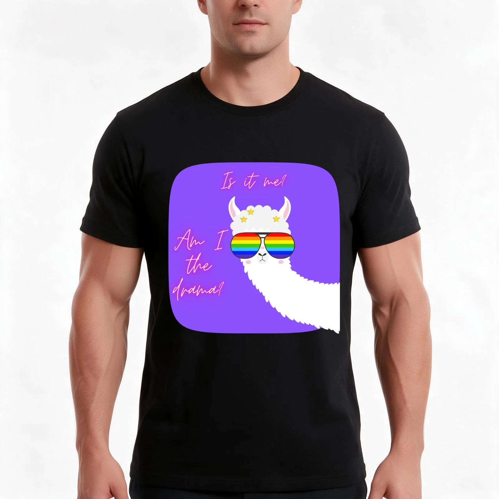 Am I the drama? Rainbow Llama T-Shirt, Summer Casual Cotton Tee, Oversized Streetwear Tops, Vintage Graphic Print, 100% Cotton