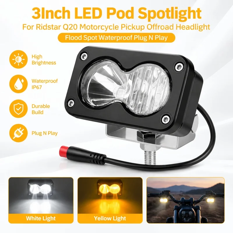 3Inch LED Pod Spotlight For Ridstar Q20 Motorcycle Pickup Offroad Headlight Flood Spot Waterproof Plug N Play White Yellow Light