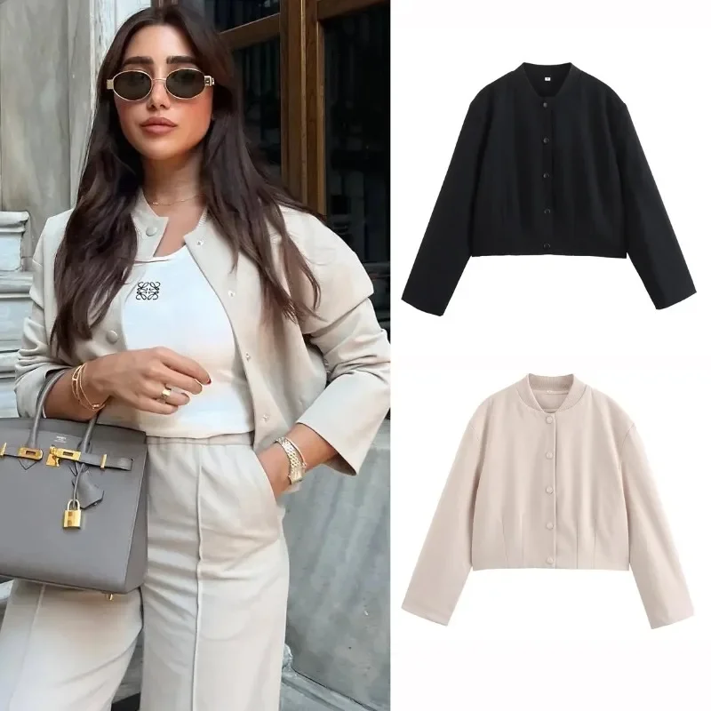 Woman Bomber Jacket White Autumn Winter Cropped Jackets for Women Long Sleeve with Buttons Lady Vintage Outwear