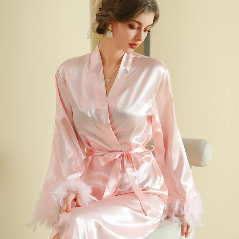 Long Ice Silk Bathrobe Lady Wedding Dress Black Father Robe Kimono Satin Intimate Lingerie Autumn New Elegant Home Clothes