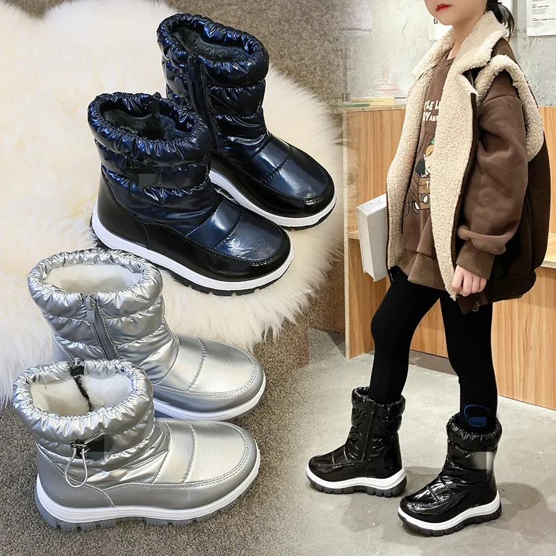 

Зимние детские непромокаемые глянцевые зимние ботинки 2026, противоскользящие хлопковые ботинки на флисовой подкладке для больших мальчиков и девочек, зимние высокие берцы