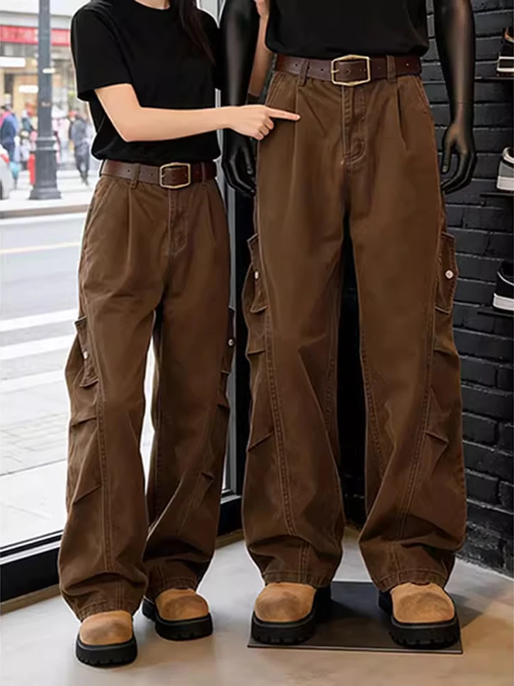 

Vintage Brown Workwear Pants Men's Loose Wide Leg Jeans Casual Slanted Cut Denim Spring Fashion Brand Cotton Straight Tube