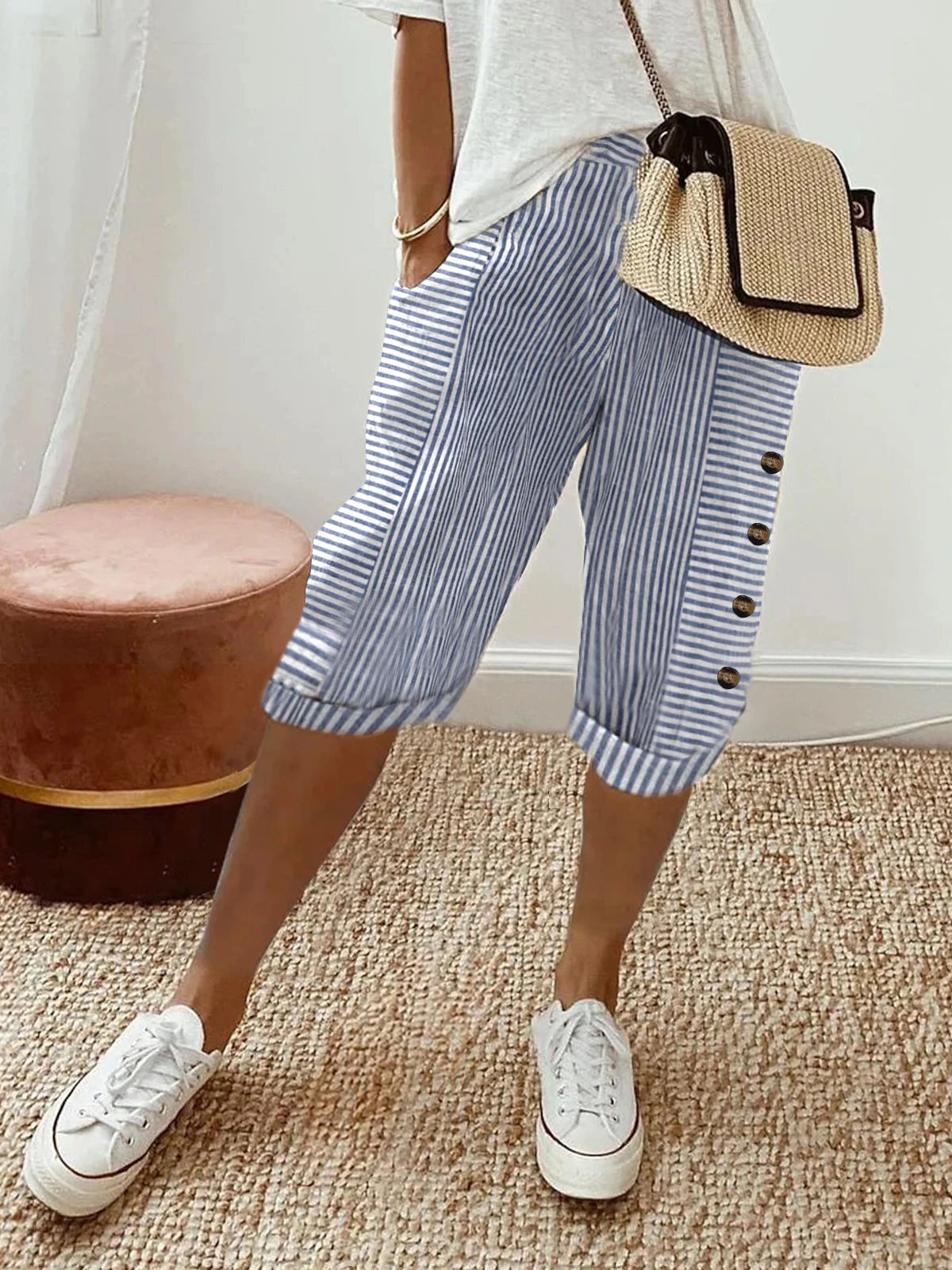 Summer Women's Striped Capri Pants High Waist Elastic Loose Casual Beachwear Knee Length Trousers