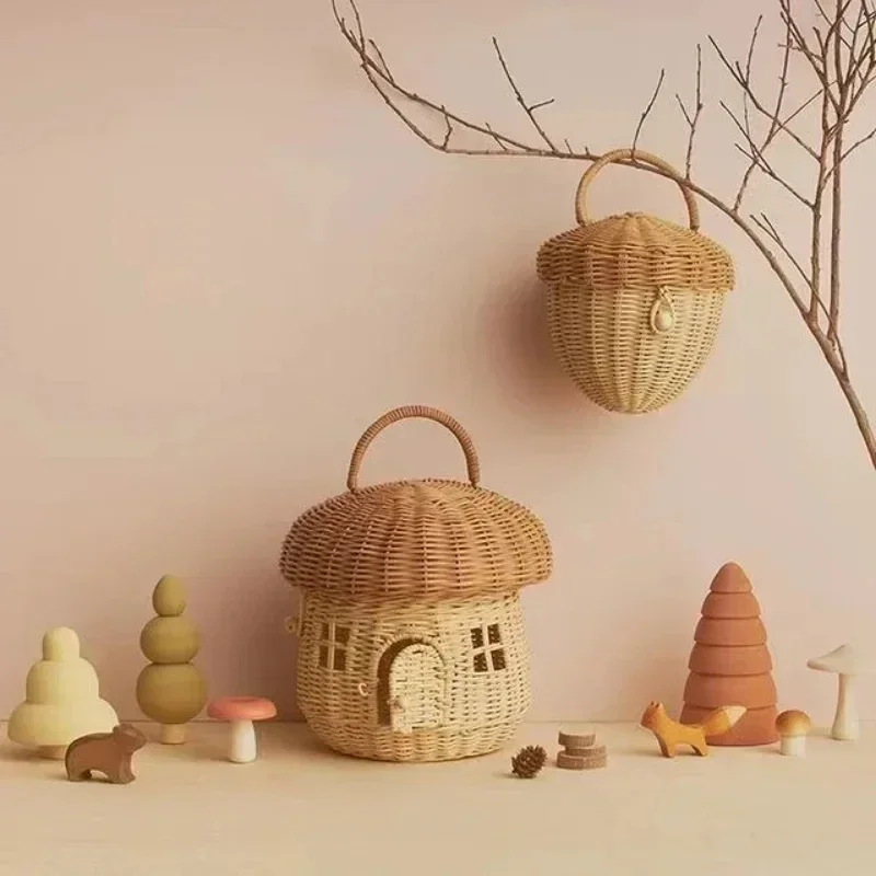 Handmade Mushroom Basket Bag Rattan Woven Baskets Straw Storage Box Vacation Picnic Basket Kid Toy Sundries Storage Basket